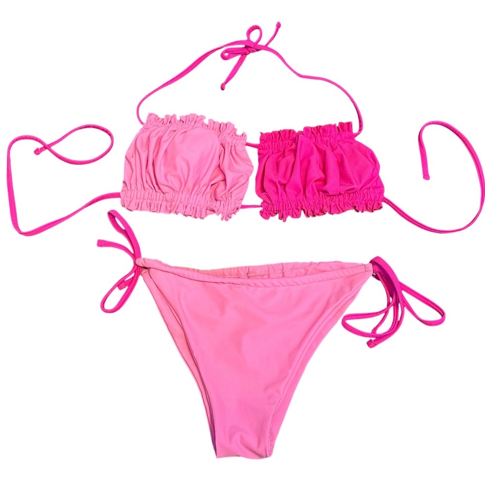 Colorblock Pink Ruffle Bandeau Halter Tie Side Bikini Swimsuit Medium